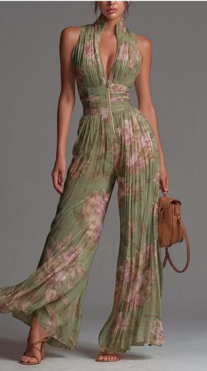 Zsófia | Green Pleated Floral Chiffon Jumpsuit