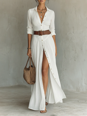 Camilla | Long Maxi Dress with Notched Collar and Long Sleeves