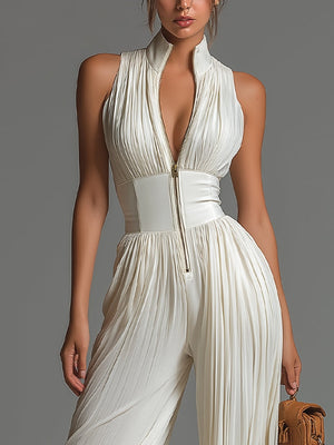 Zsófia | White Pleated Chiffon Jumpsuit